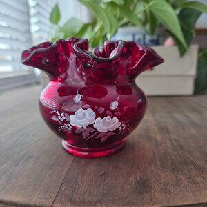 Vintage Fenton Ruby Red Small Ruffled Rose Bowl/Vase Hand Painted & Signed Vase